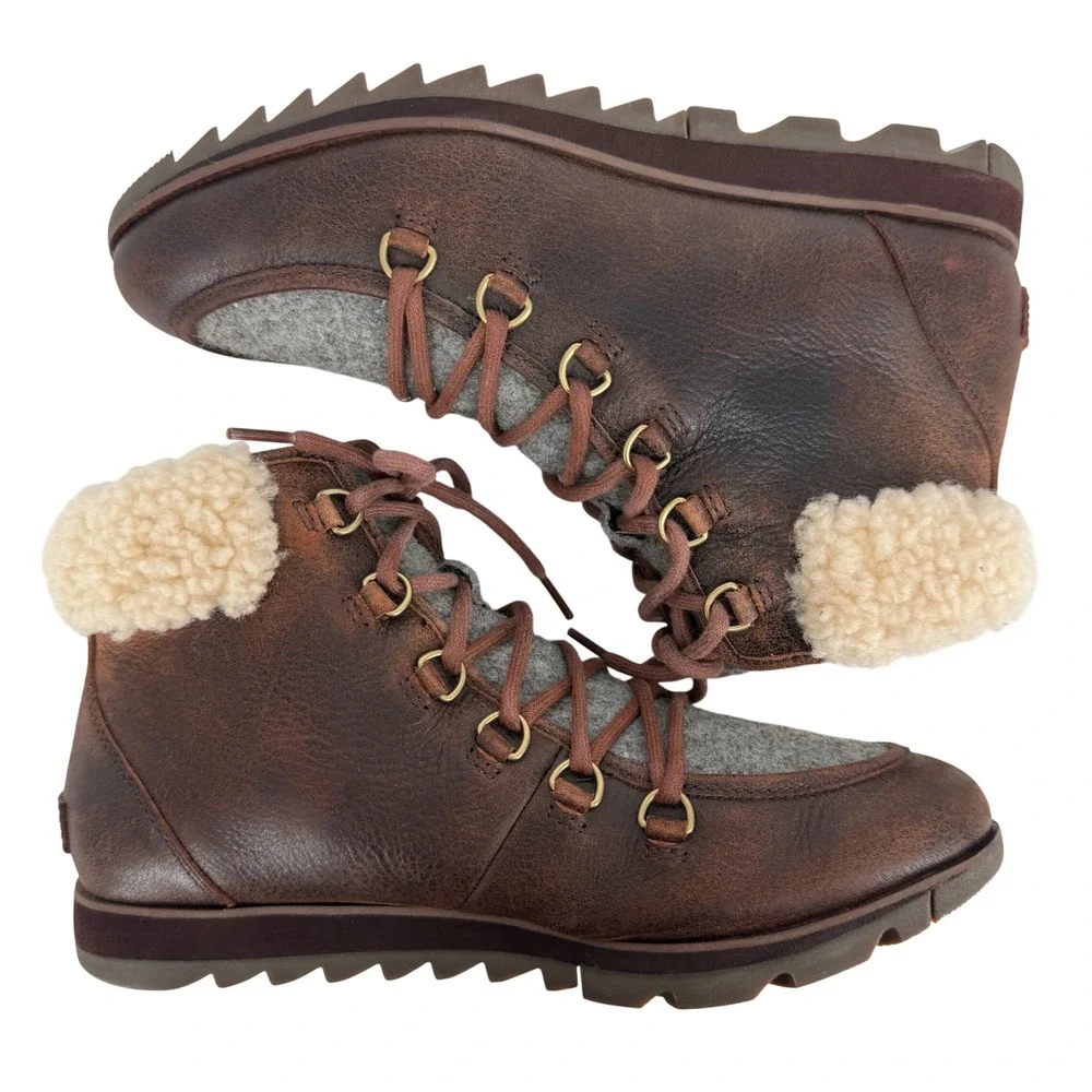 Sorel Harlow Lace Cozy Boots Women 9.5 Brown Leather Wool Hiker Ankle Waterproof